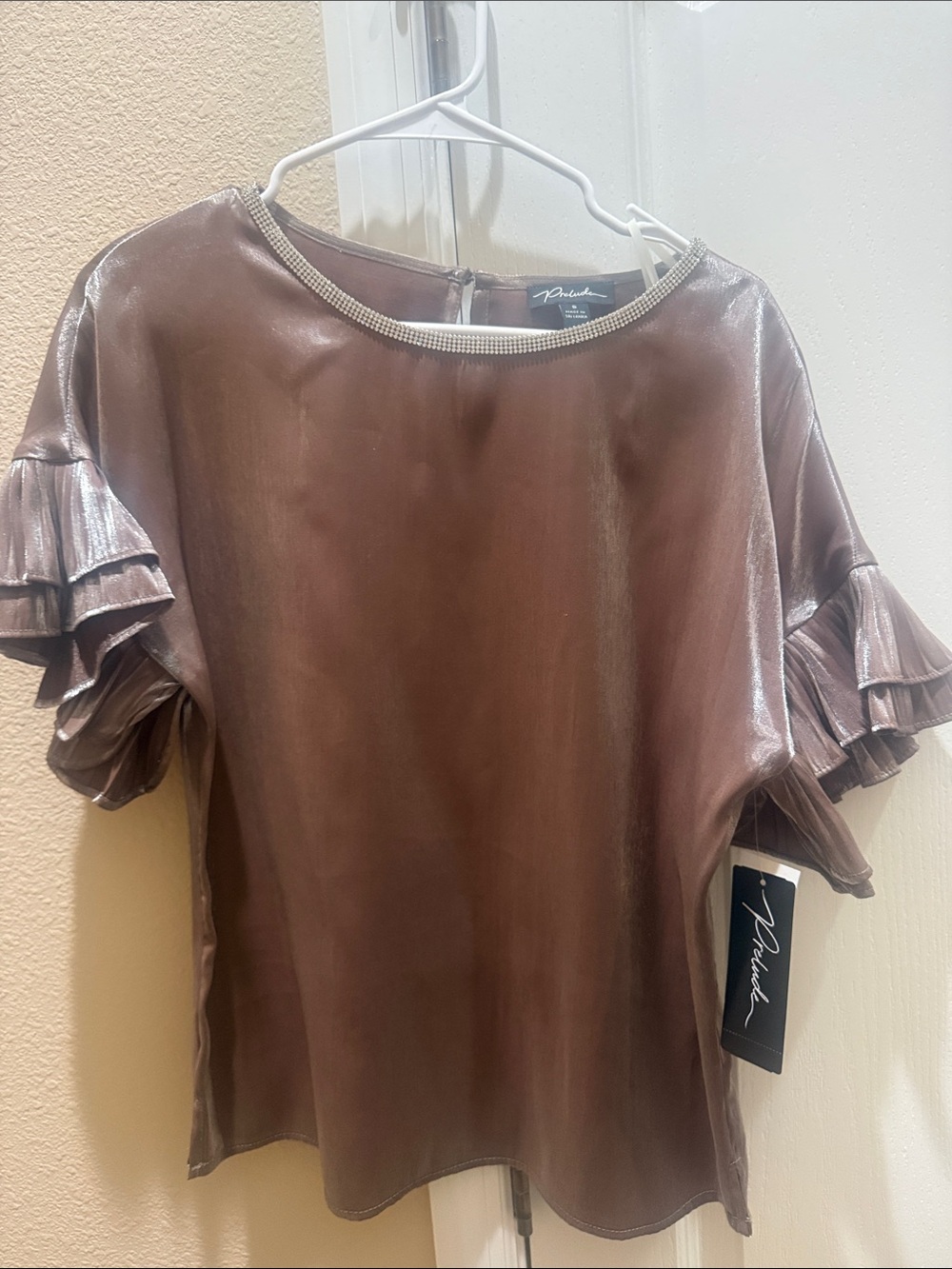 Women's Prelude Shimmering Brown Ruffle Sleeve Blouse